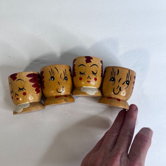 VTG Wooden Hand Painted Faces Egg Cups Holders Displays Kitschy Set of 4 - Picture 2 of 6